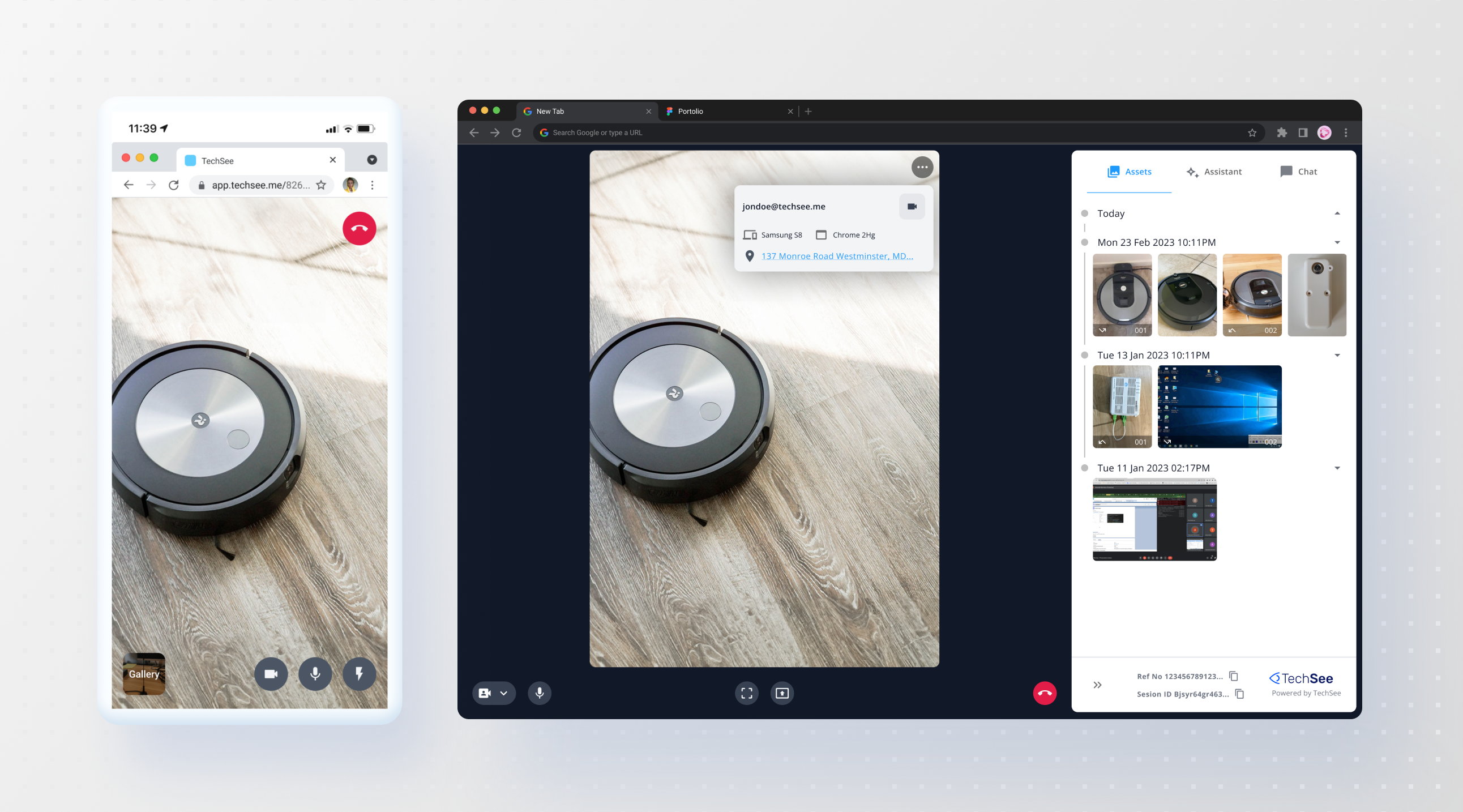 The redesigned TechSee Live workspace: mobile live session alongside the agent's browser view with capture tools and session history side panel.